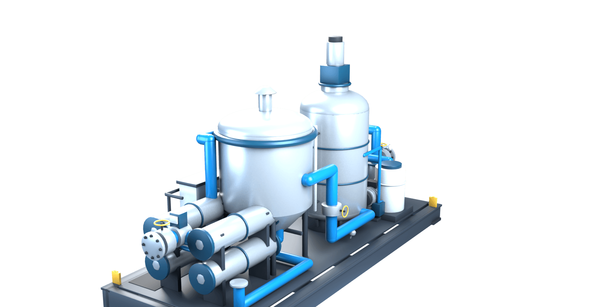 Stylized model of a HydroFlex treatment skid — intake, conditioning vessel, separator, membrane bank and discharge header on a single frame